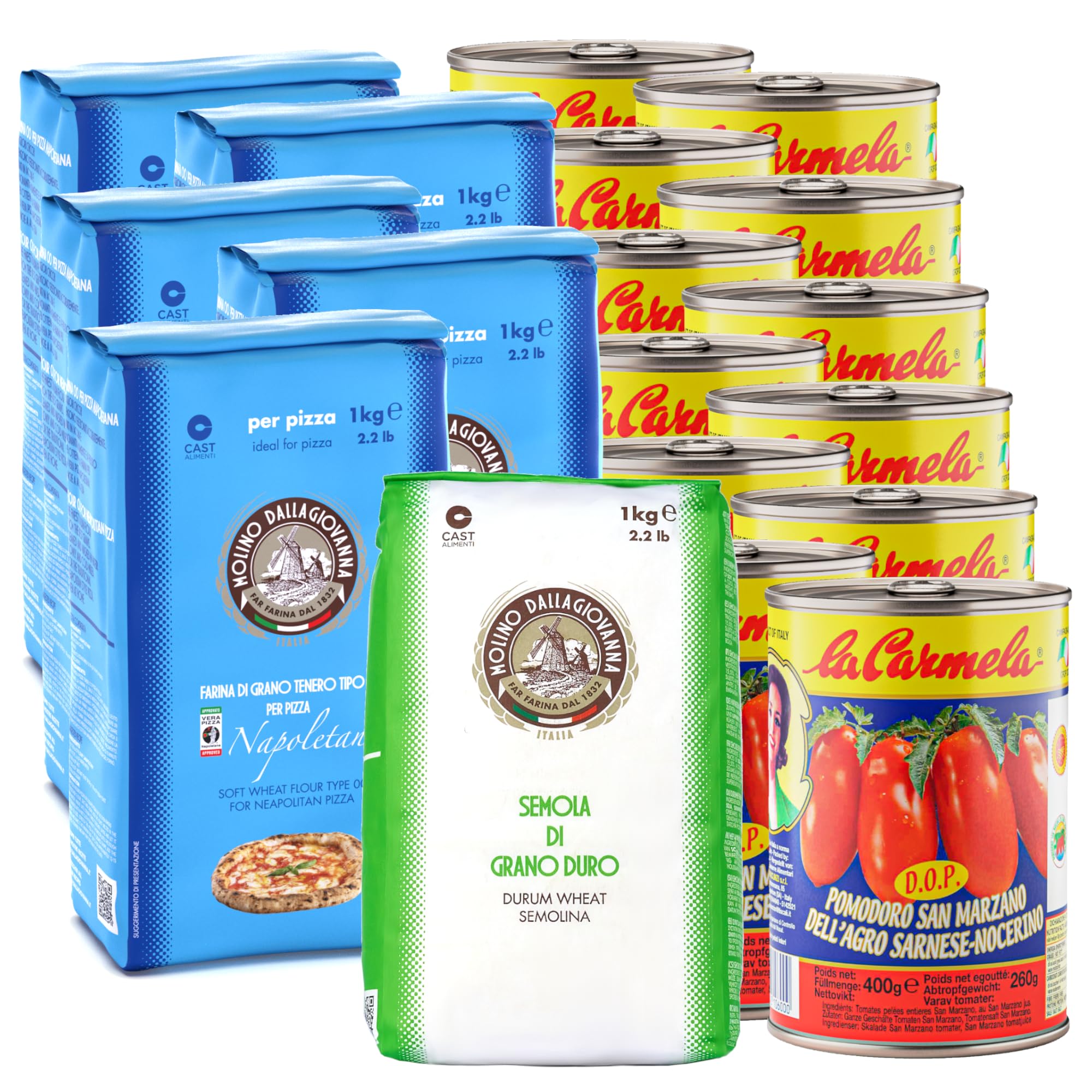 Esprevo Pizza Zutaten Set Genua 5x1 kg Pizzamehl Typ 00 12x 400g San Marzano Pizzatomaten 1x 1kg Semola