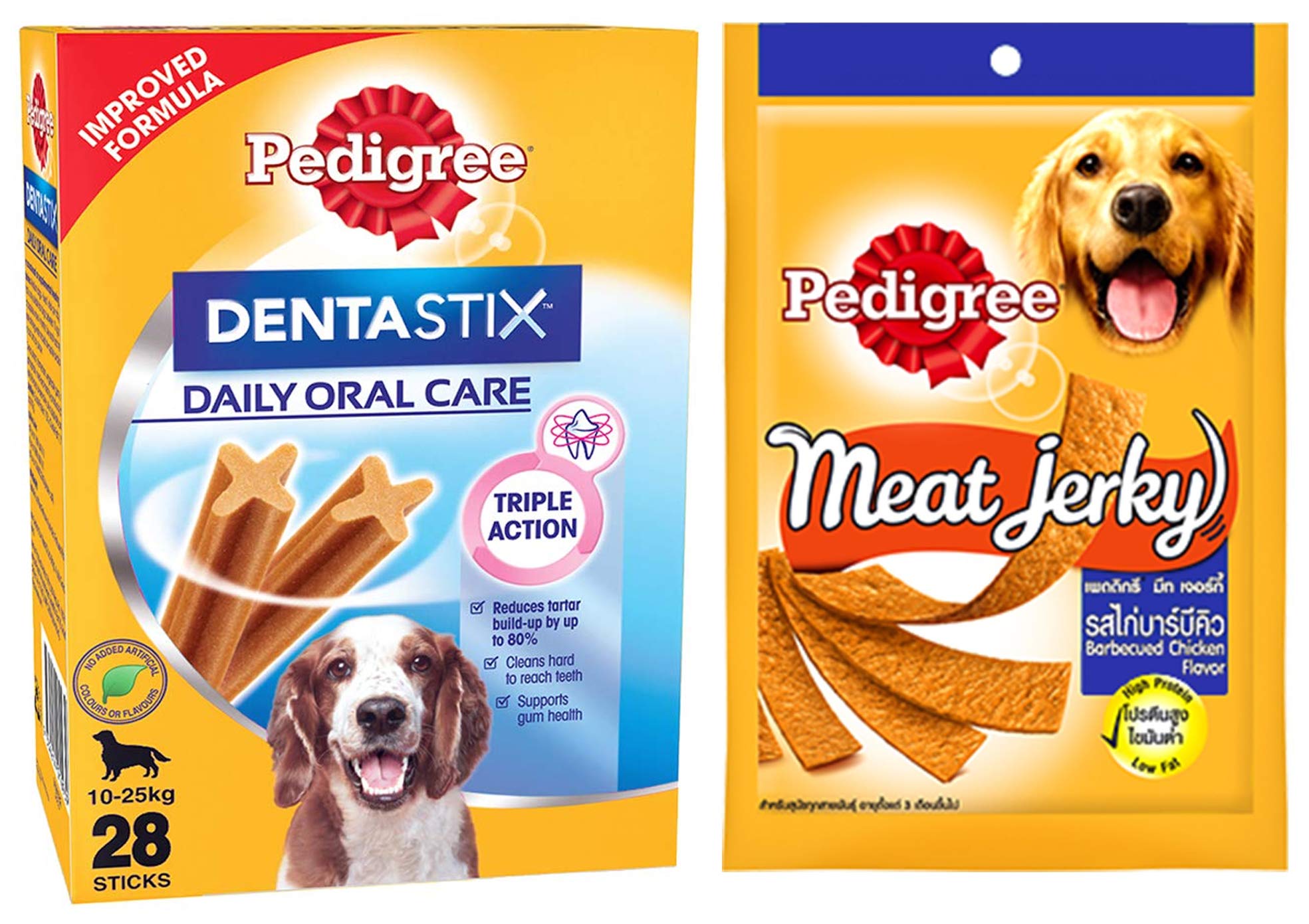Pedigree Dentastix Medium Breed (10-25 Kg) Oral Care Dog Treat (Chew Sticks) (28 Sticks) 720G Monthl & Meat Jerky Adult Dog Treat, Barbecued Chicken, 80G Pack
