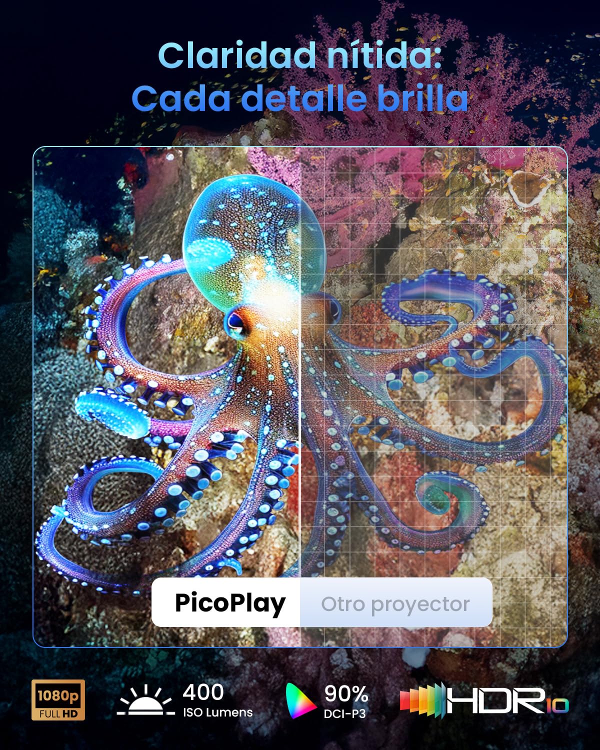 JMGO PicoPlay 1080P Proyector portátil Inteligente, GTV, Netflix, 400 ISO Lúmenes, 8W Dolby Digital, 3D Activo, HDR10, Mini proyector con Wi-Fi y Bluetooth para hogar, Exterior, Incluye Filtro óptico