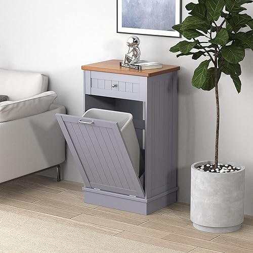 Armario de basura inclinable de madera de 10 galones gabinete de reciclaje con cajón oculto armario de basura inclinable cubo de cocina gris Armario de basura inclinable de madera de 10 galones gabinete de reciclaje con cajón oculto armario de basura inclinable cubo de cocina gris