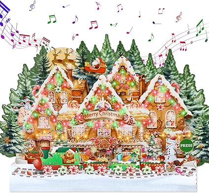 Christmas Cards with Lights and Music – 3D Pop Up Enchanting Gingerbread House Musical Christmas Card with Fiber Optic LED Lights for Kids, Family(Includes Envelope & Seal Sticker)