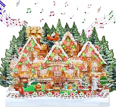 Christmas Cards with Lights and Music – 3D Pop Up Enchanting Gingerbread House Musical Christmas Card with Fiber Optic LED Lights for Kids, Family(Includes Envelope & Seal Sticker)