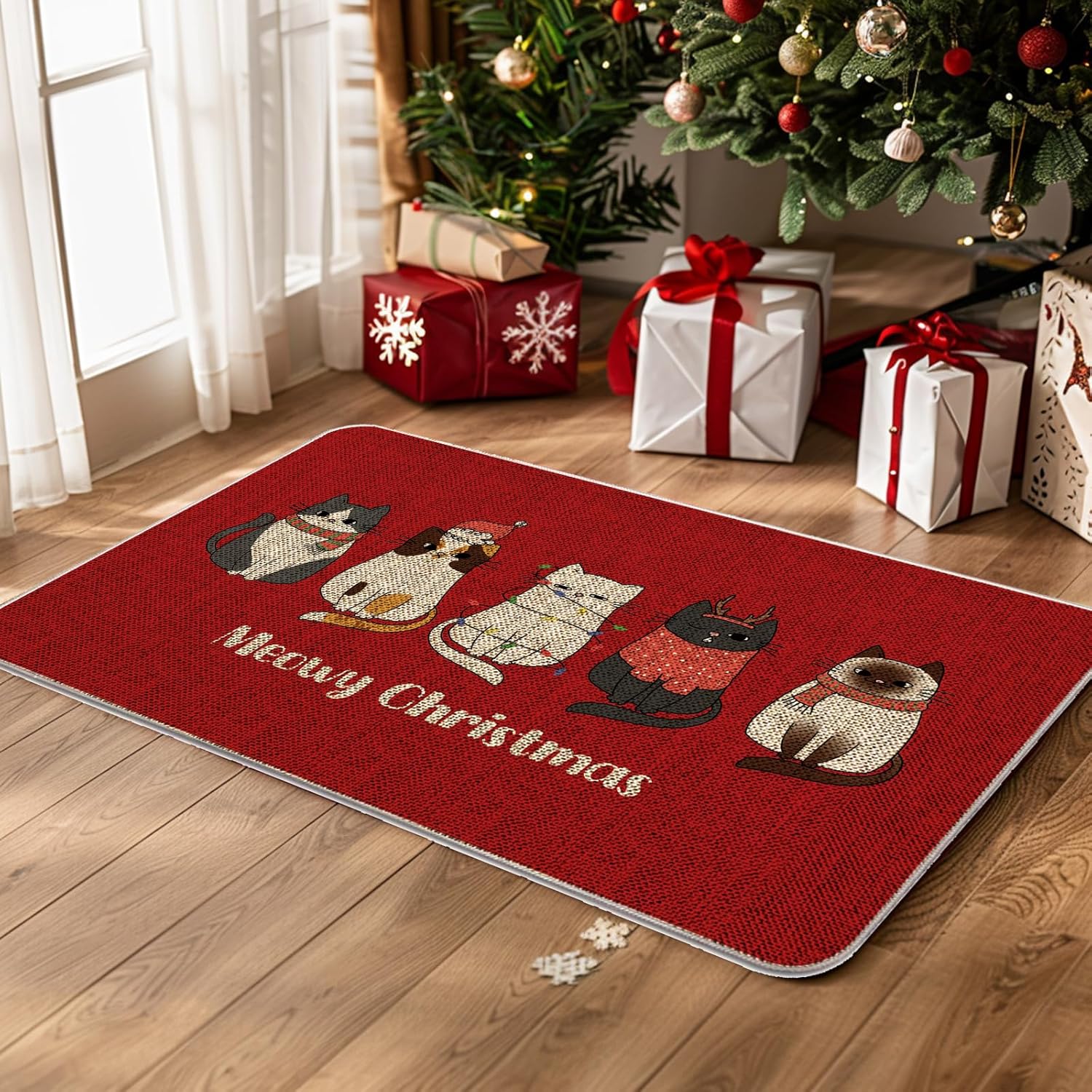 Christmas Door Mat Outdoor Rug Cat Red Decorative Doormats Farmhouse Home Kitchen Entrance Rug Floor Front Door Mats 17 x 27 Inch