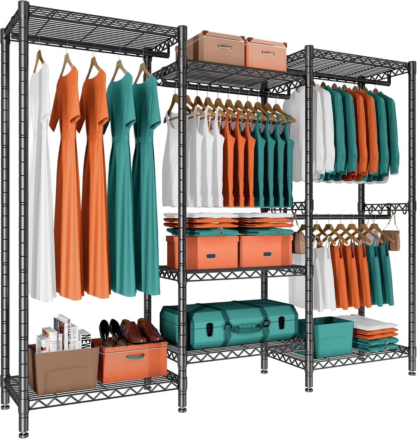 Portable heavyduty clothes rack with 7 shelves and 4 rods