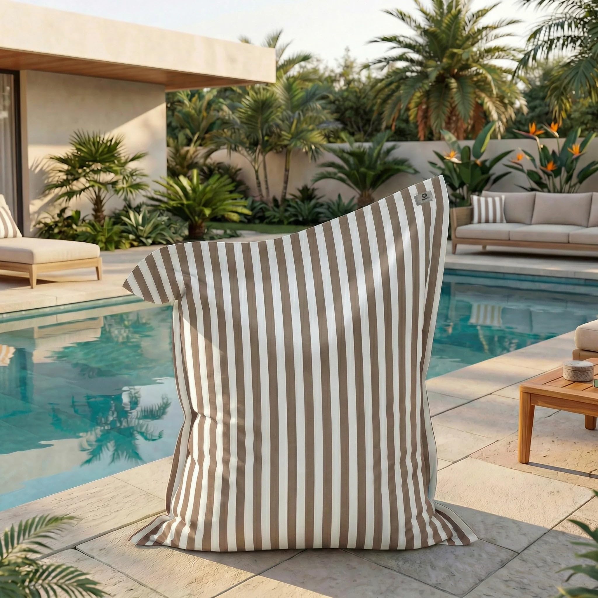 Housse pour Pouf Géant XXL 180x140cm - Rayure Beige - Anti-UV - Déhoussable - Déco Arts