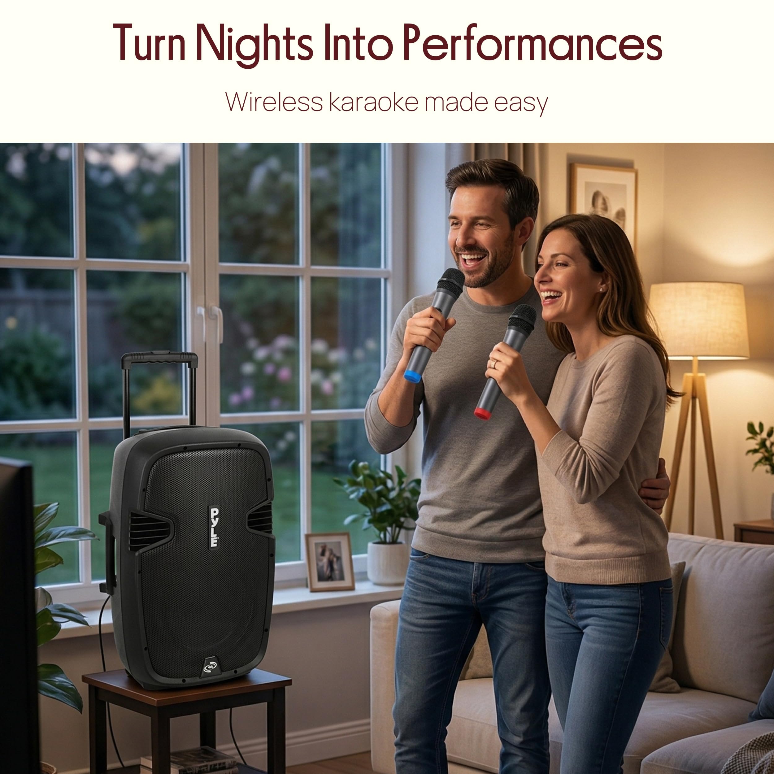 Pyle Enceinte Bluetooth Puissante,1600W, Enceinte Active Karaoke, Haut Parleur Portable avec Batterie Rechargeable,Roues de Transport Pratiques, USB MP3 RCA, Radio FM, 2 Microphones UHF,Télécommande