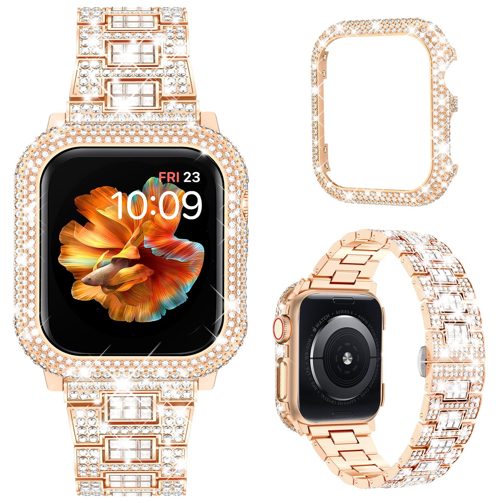 Mosonio Compatible with Bling Apple Watch Band Women 40/44/41/45/42/46mm with Shiny Metal Case, Full Sparking Luxury Diamond Bands and Cover Set,