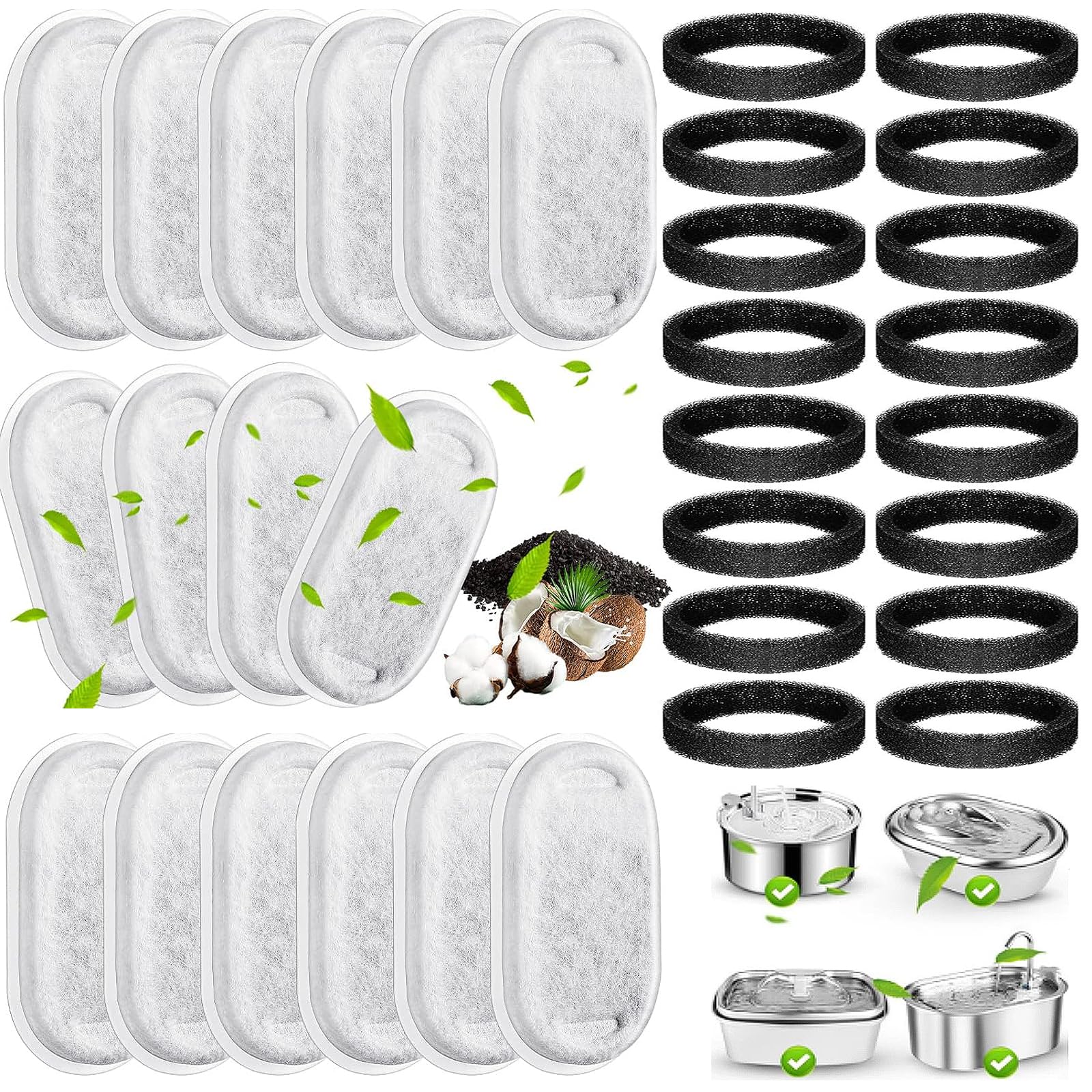 RLSHEN Cat Water Fountain Filter for Stainless Steel 108oz/3.2L& 67oz/2L Automatic Pet Water Dispenser Fountian Replacement Filter with Sponges, white