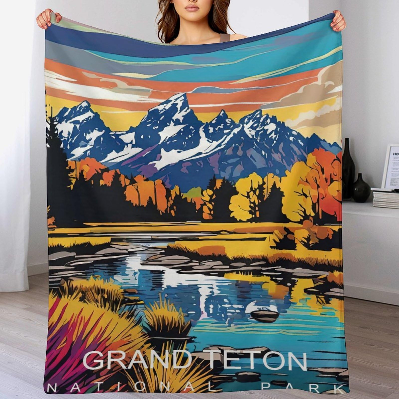 Grand Teton National Park, National Parks Blanket, Grand Teton National Park Blanket, Abstract Nature Landscape Forest Blanket for Bedroom Office