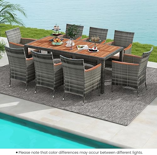 Miniatura 3 de Tangkula Juego de comedor de mimbre para exteriores, juego de muebles de comedor de patio con mesa de madera de acacia y 8 sillones, juego de mesa y