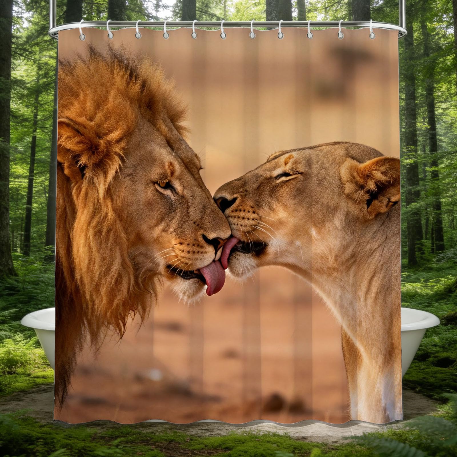 Hongduo 3D Lion Shower Curtain for Stalls Bathtubs African Scenery Bathroom Decor Shower Curtain Set Polyester Fabric Waterproof 180x200cm/71X79 Inch with Hooks
