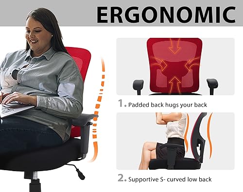 Vista 6 de Silla de oficina ergonómica de malla grande y alta, capacidad de 400 libras, soporte lumbar y reposabrazos ajustables, color rojo