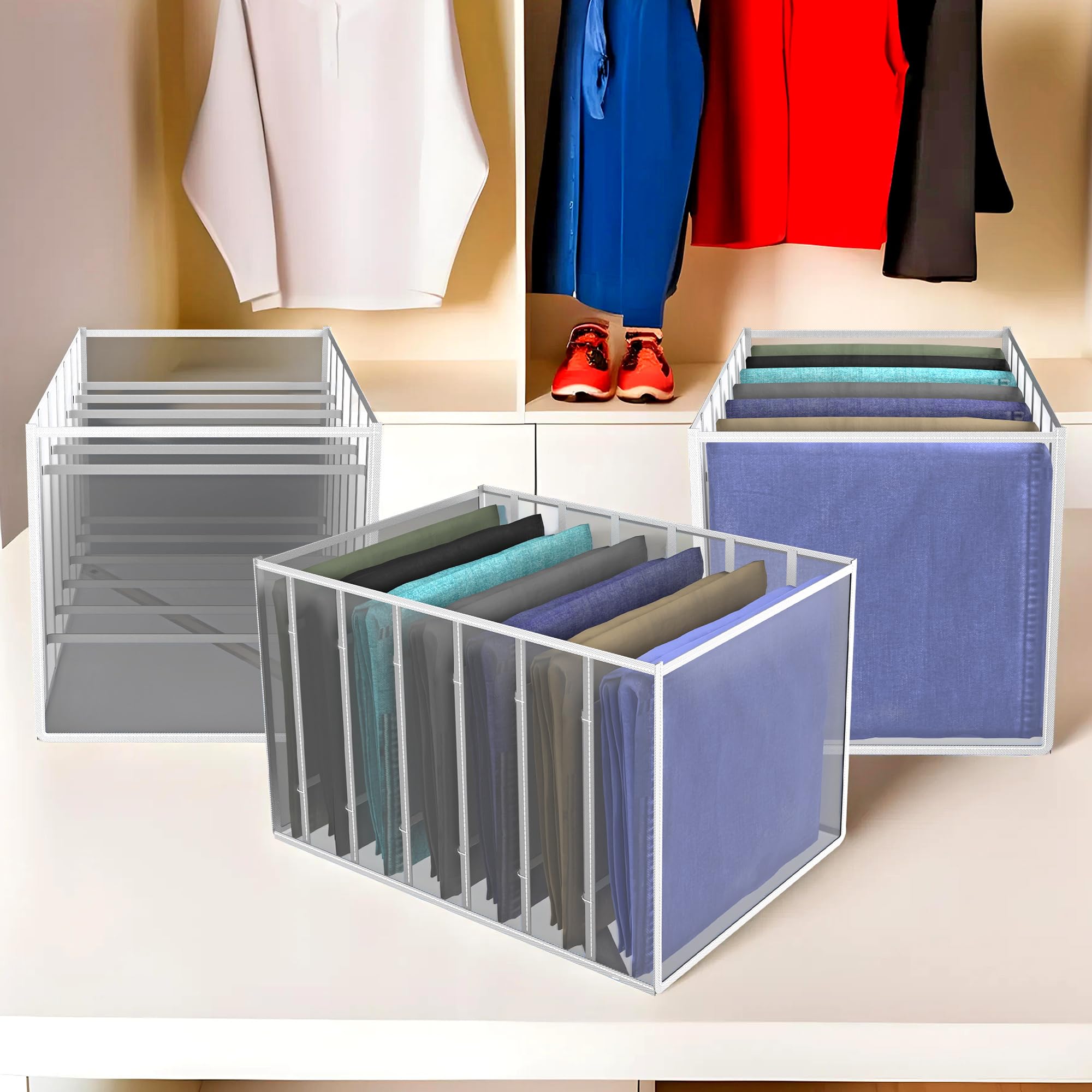 Kuber Industries Stoff-Organizer | Kleiderschrank-Organizer | Aufbewahrungsbox mit 7 Fächern für Jeans-Hosen und Hemden | Faltbarer Schubladen-Organizer aus PVC | transparent | .40 mm | 3 Stück | Weiß