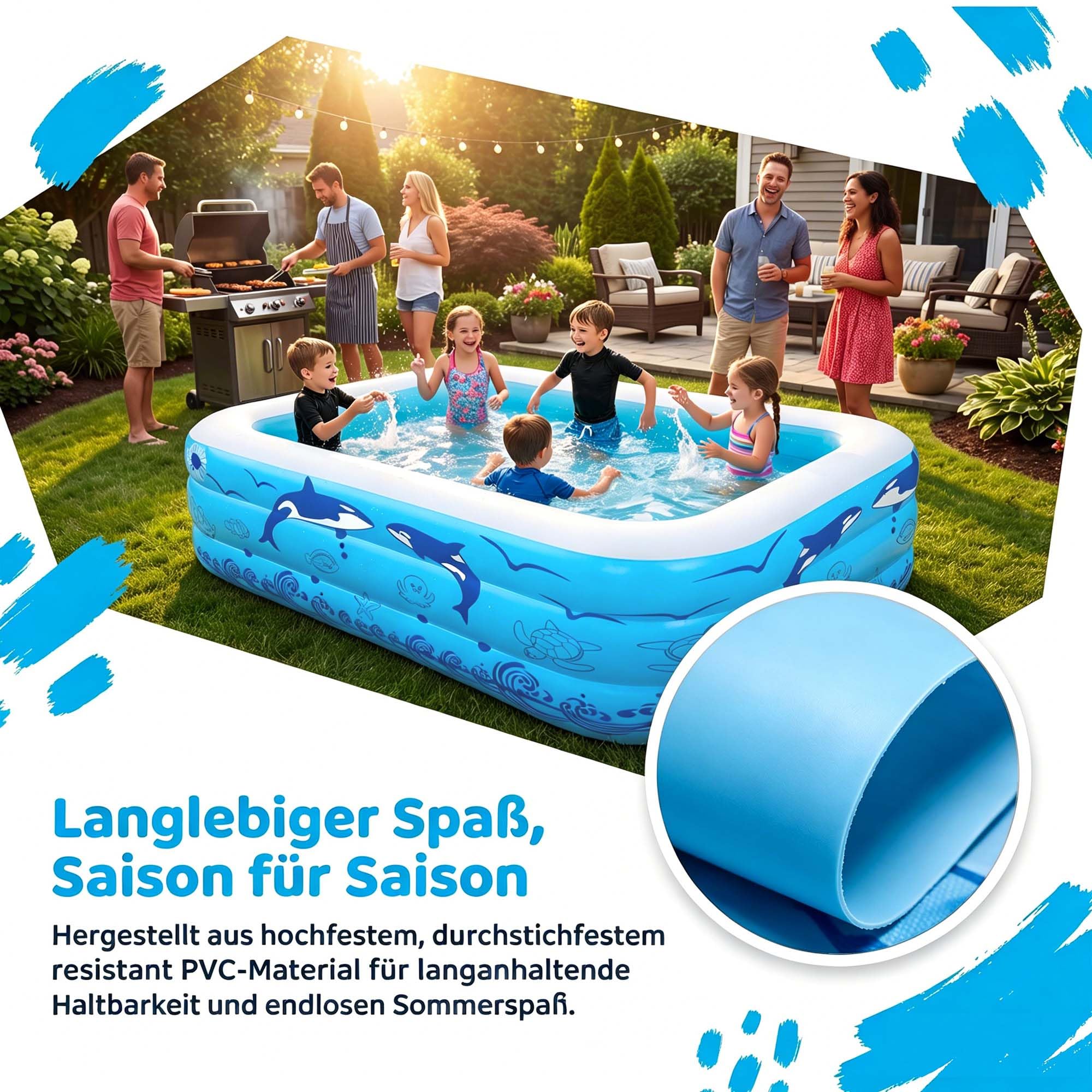 Aufblasbare Schwimmbecken, 300x165x56 cm, Großes aufblasbares Pool für Kinder und Erwachsene, Langlebiges Familien-Freizeitpool, Kinderbecken für Garten, Hinterhof