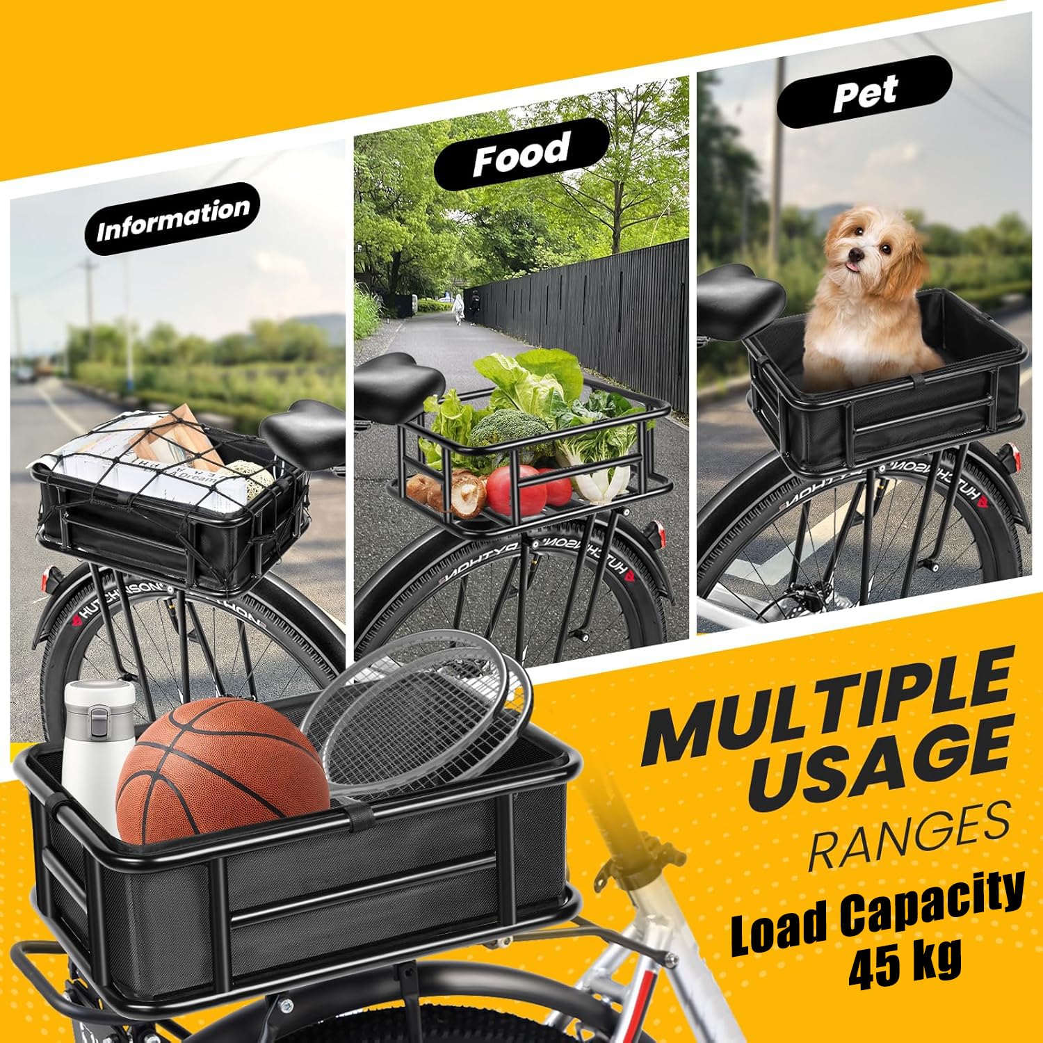 Cestino bicicletta posteriore, Grande cestino posteriore per bicicletta con fodera, Copertura impermeabile e Rete per Bagagli, 46×32×15 cm