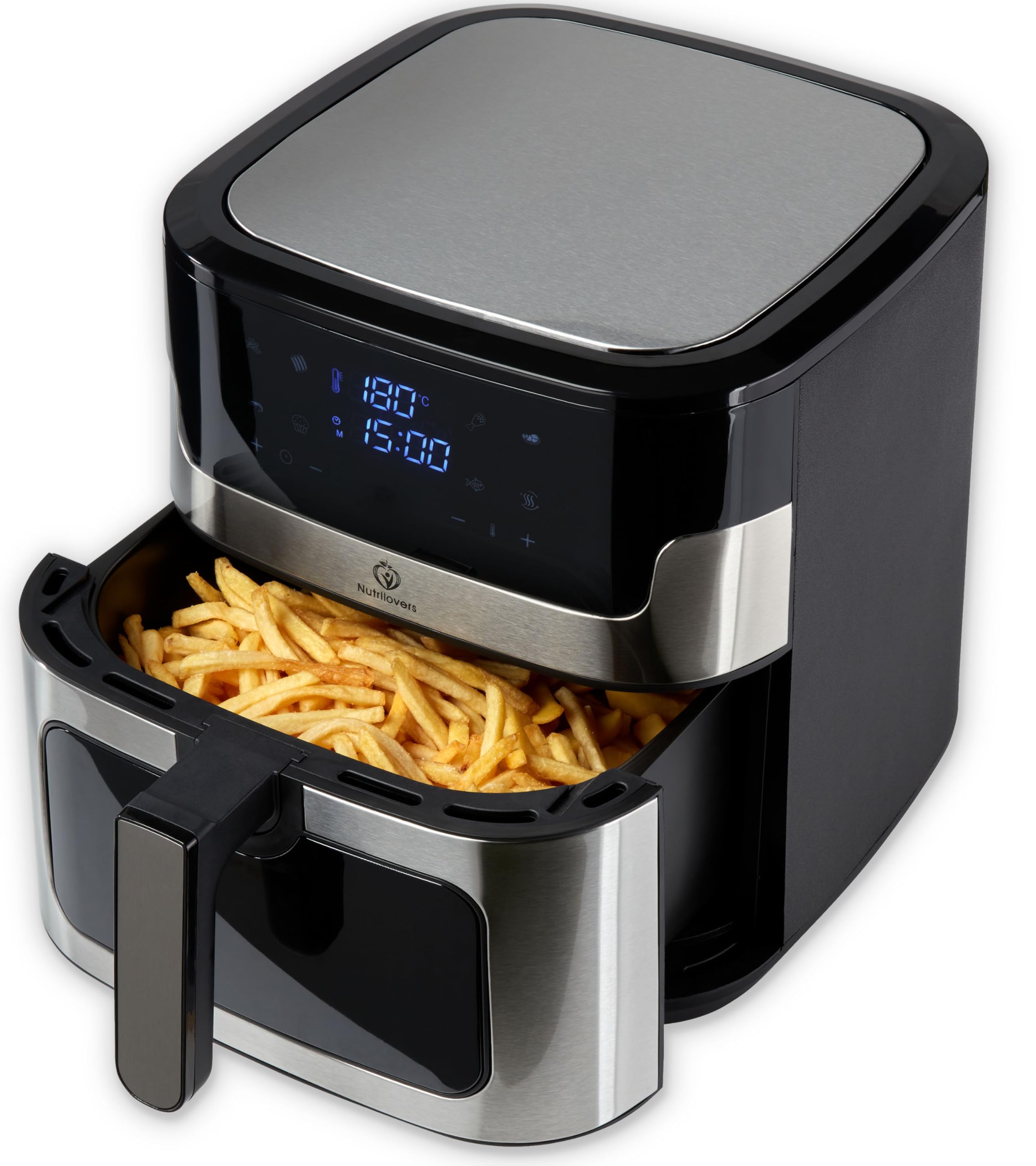 Nutrilovers NUTRI-FRYER Frytkownica konwekcyjna, stal szlachetna, XXL, 8 litrów, 2000 W, stal szlachetna z wyświetlaczem LED, technologia podwójnego ogrzewania, okienko, frytkownica o niskiej