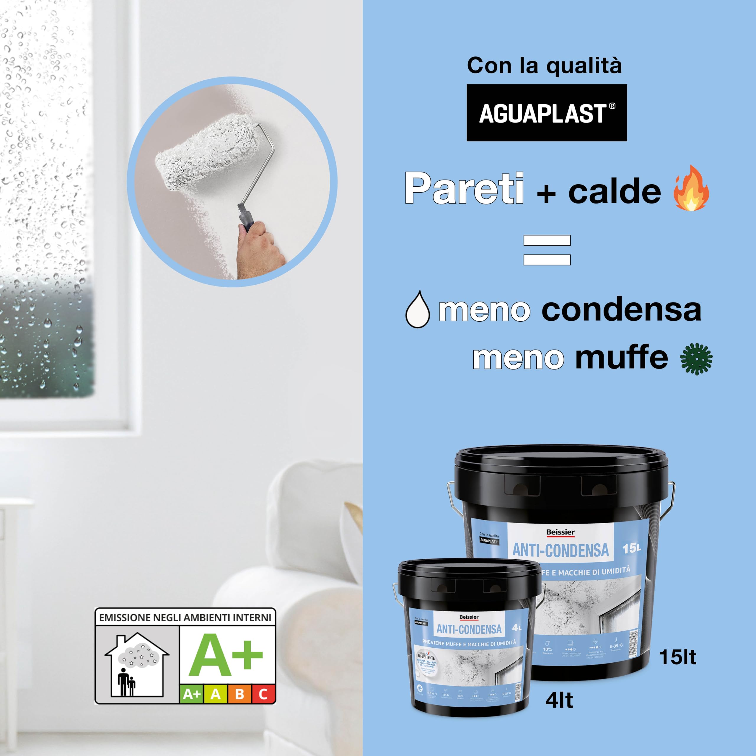 Pittura Antimuffa e Anticondensa per Interni Aguaplast – Elimina Muffa e Umidità – Isolante Termico per Pareti Fredde – Ideale per Bagno e Cucina – Bianco 4lt