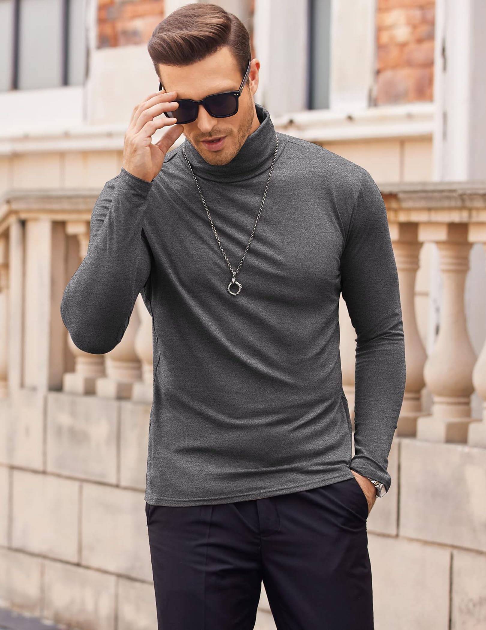 COOFANDY Maglia a Collo Alto Uomo, Manica Lunga in Cotone, Pullover Slim Fit Basic, T-Shirt a Maniche Lunghe Tinta Unita