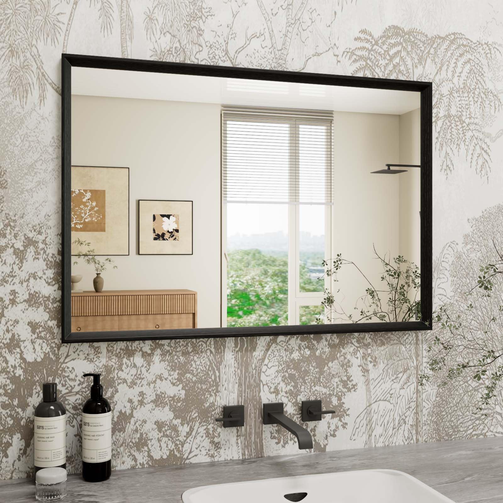 WEER Black Bathroom Mirror, 45x65cm Polymer Frame Rectangular Wall Mirror with Vintage Texture & Tempered Glass, Waterproof Horizontal or Vertical Home Decor for Bathroom, Bedroom, Living Room