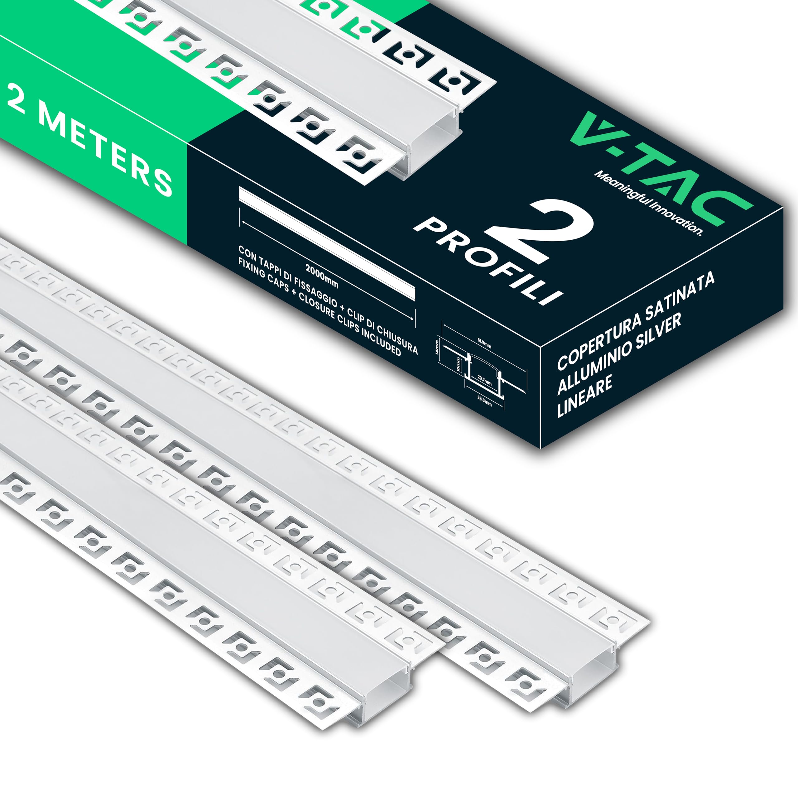 V-TAC 2x Profili per Strisce Led da 2 METRI a Scomparsa con Diffusore - (4 Metri Totali) - Profilo per Cartongesso da Parete e Soffitto a Incasso - Alluminio - Misure 61,5 x 14 mm - Apertura: 20,7 mm