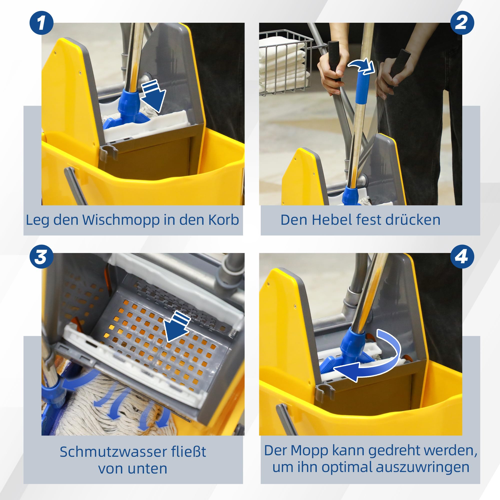 HOMCOM Carrello per pulizie Carrello per pulizie 26 litri Carrello con strizzatore, carrello domestico con rotelle, gancio per mocio Giallo