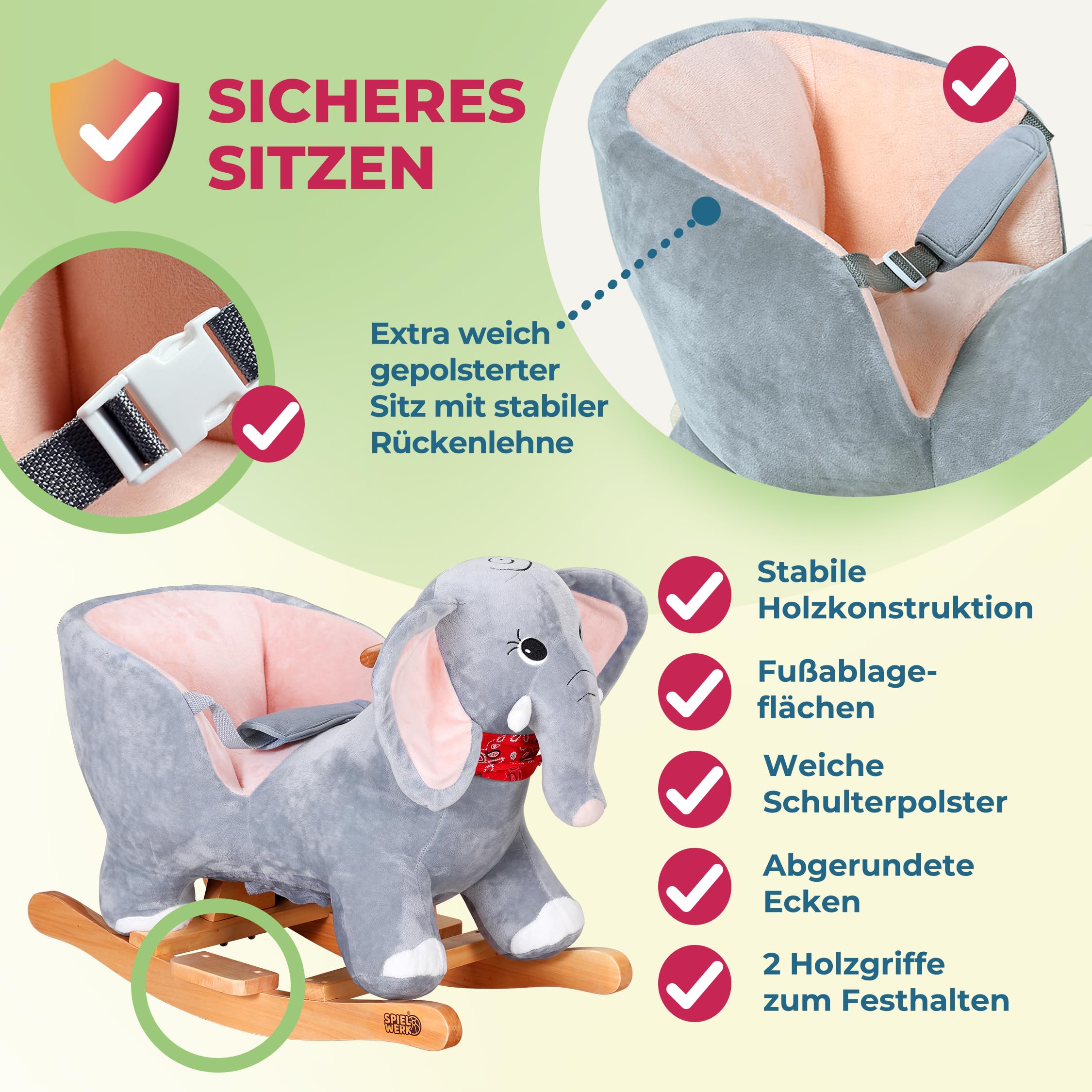Deuba Spielwerk® Schaukeltier Elefant inkl. Sound Effekt Sicherheitsgurt Plüsch Schaukel Wippe Kinder Baby Spielzeug Balancetraining besonders weich Schaukelpferd