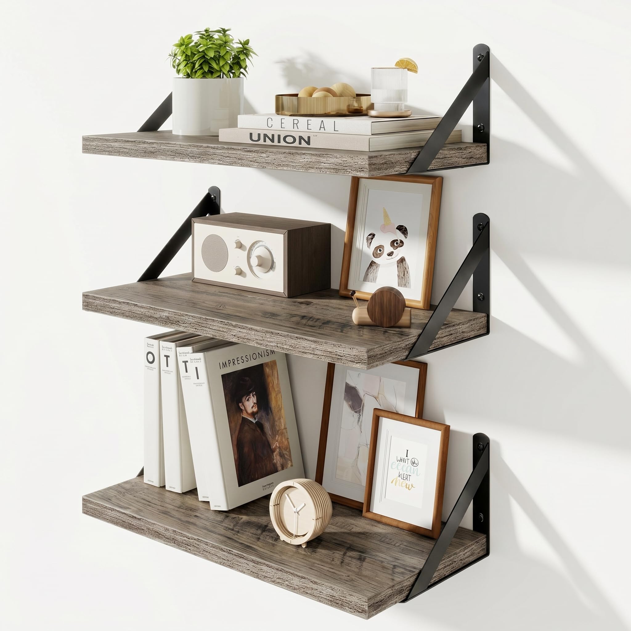 KovaScape Floating Shelves, Deep Rustic Book Shelf for Wall, 40x20 cm Wall Shelves Set of 3, Heavy Duty Metal Brackets, Wood Display Shelf for Living Room, Kitchen, Bathroom, Study, Grey