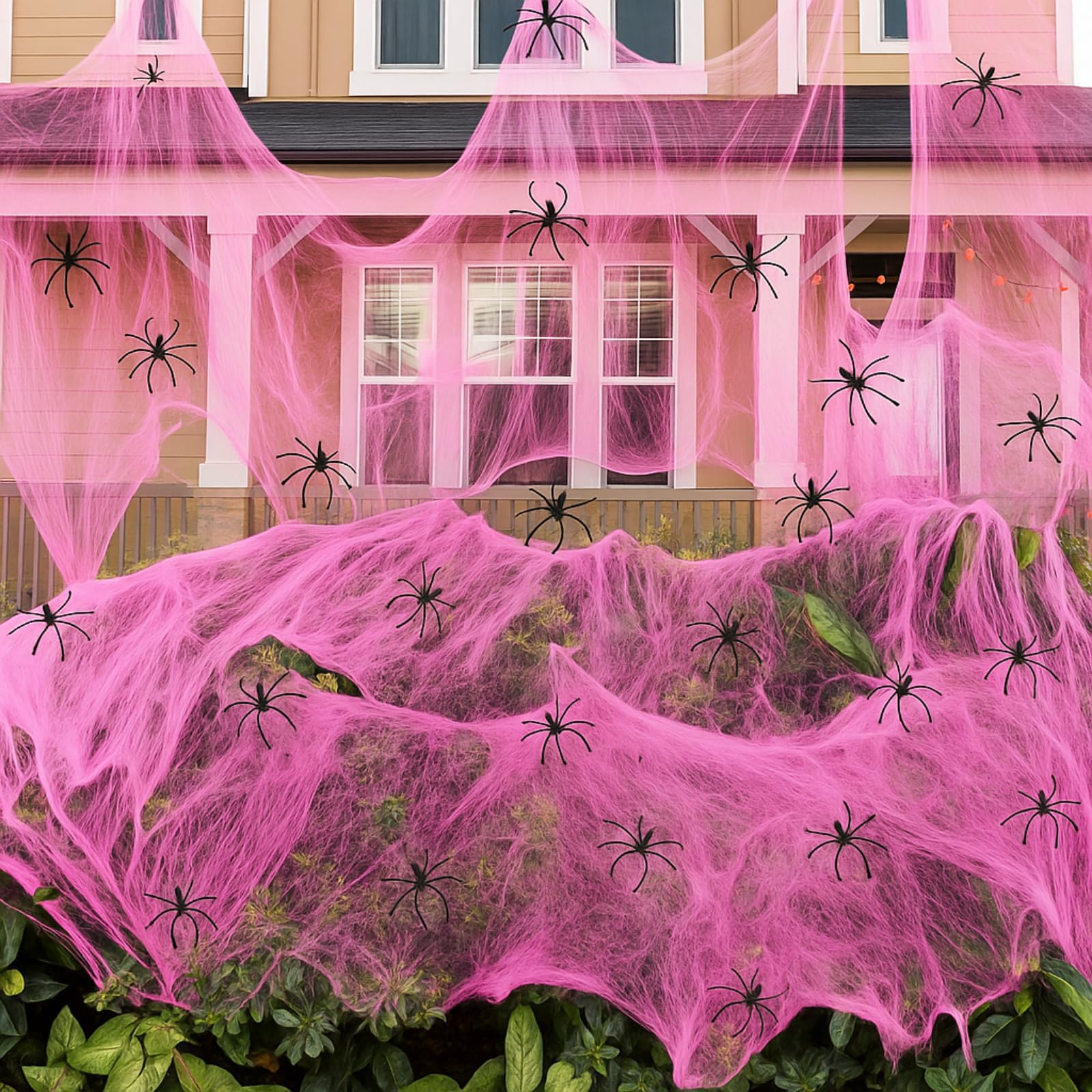 Halloween Pink Spider Web Decorations 200g 60 Black Spiders Indoor Outdoor