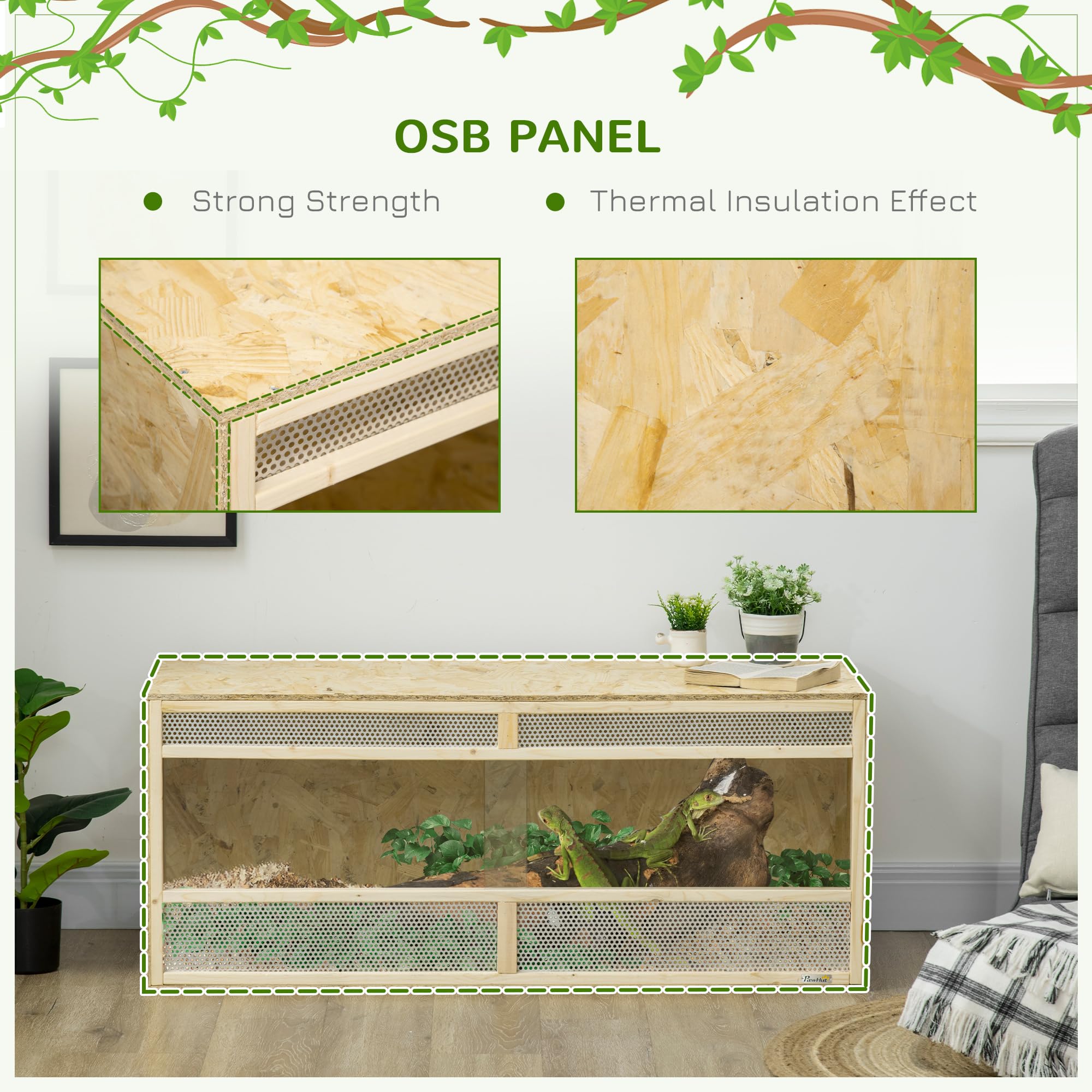 PawHut - Terrario de Madera OSB para Reptiles con Puerta corredera de Cristal, 120 x 50 x 50 cm