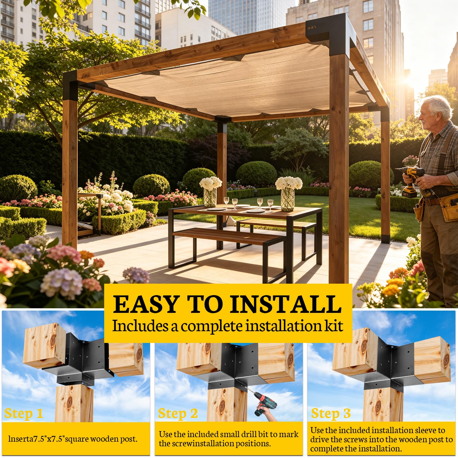 Kit di staffe Pegola 8 x 8, staffe angolari per legno a 3 vie ad angolo retto per legno da 20,3 x 20,3 cm (attuale: 19,1 x 19,1 cm), staffe in metallo fai da te per patio, padiglione, capanna