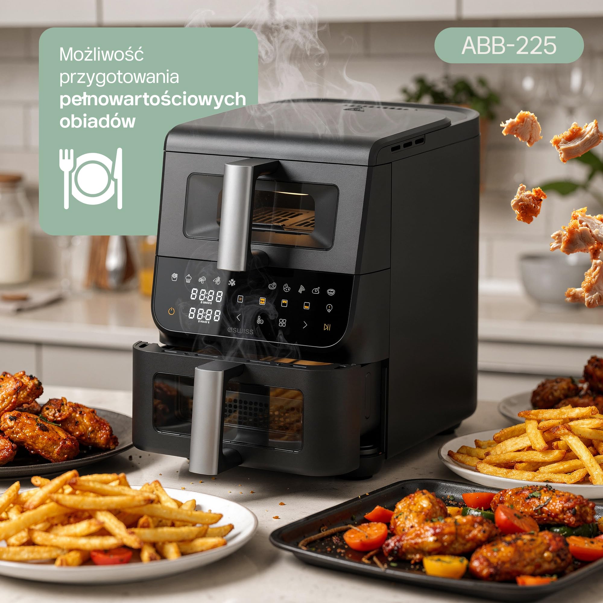 4Swiss Frytkownica Beztłuszczowa Air Fryer Dwukomorowa na Gorące Powietrze Airfryer Pionowy XXL Duża Pojemność do Pieczenia Mięsa Frytek Warzyw Ryb Oszczędzający Miejsce Łatwe Czyszczenie - ABB-225