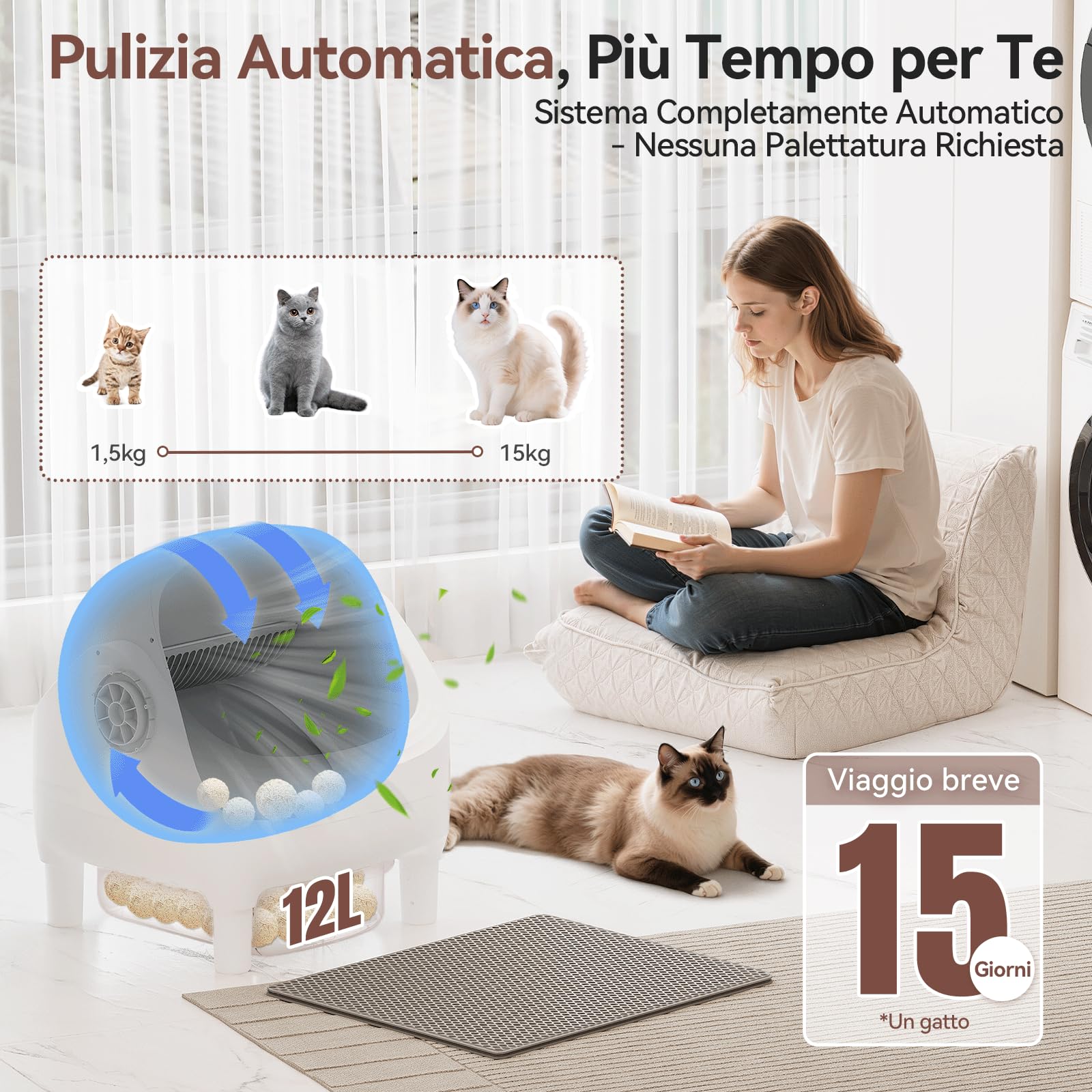 JUMMICO lettiera gatto autopulente，12L lettiera autopulente per gatti xxl