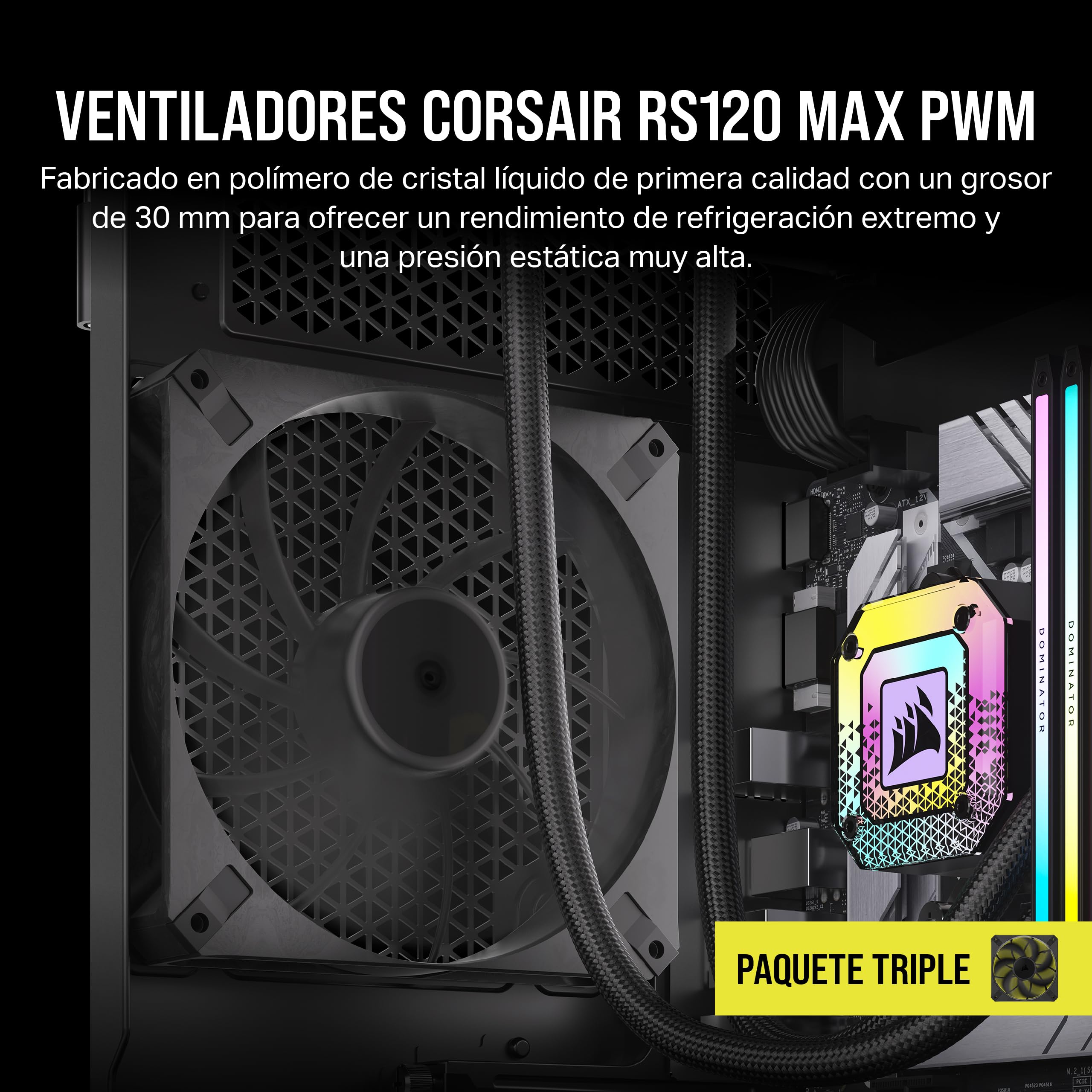 CORSAIR RS120 MAX 120 mm PWM Ventiladores Grueso – Alta Presión Estática – Fabricación en Polímero de Cristal Líquido – Paquete Triple – Negro