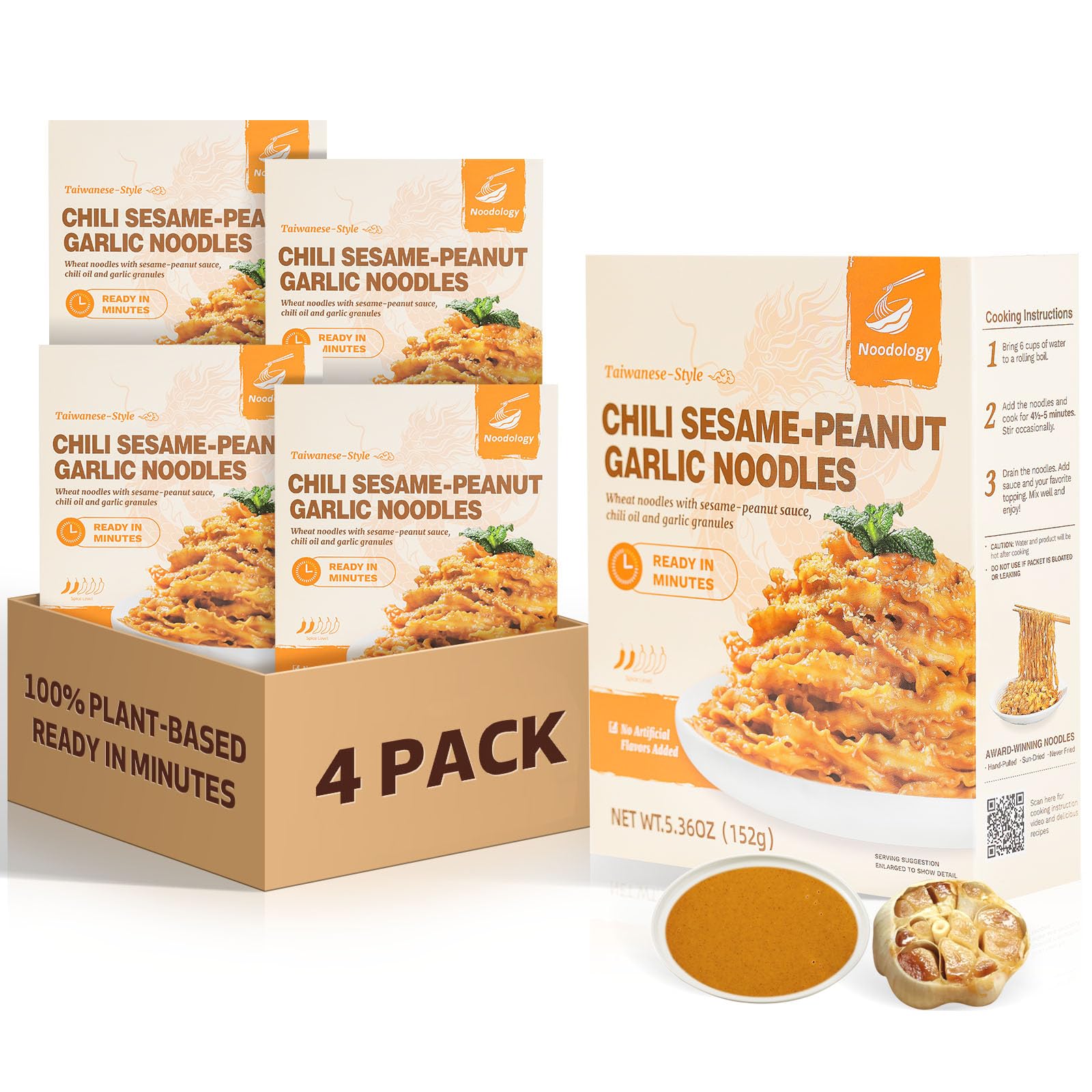 Noodology Chili Sesame Garlic Saucy Noodles Dishes, Taipei Mala Spicy Savory Nutty Chinese Flavor, Hand-Sliced Thick Noodles Ramen, Sun-Dried, Ready In Minutes, 4 Pack