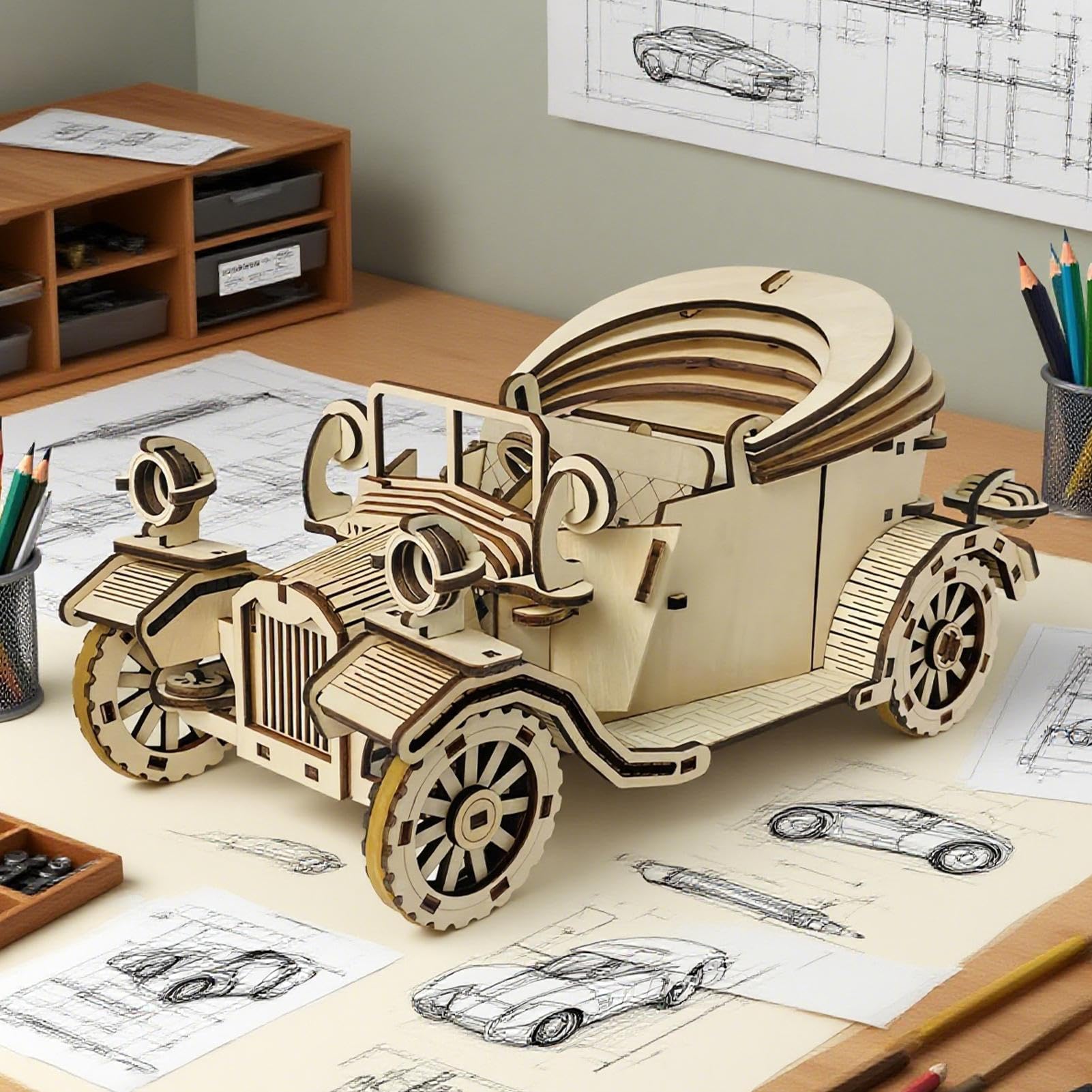 3D Holz Puzzle Modell Auto Bausatz Vintage Automobil Modellbausatz