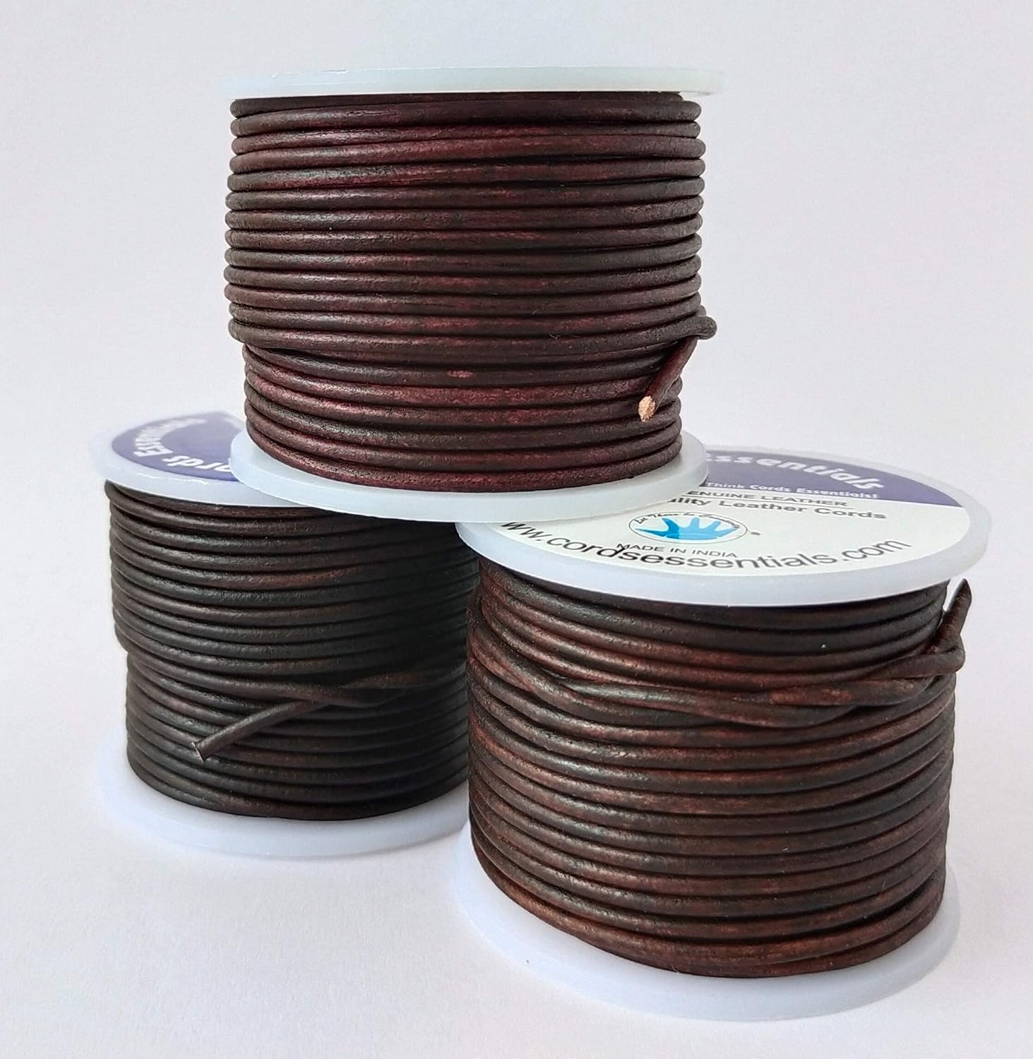 Cords Essentials Round Genuine Leather String Cord for Jewelry Making Distressed Dark Brown, 2.0 MM + Distressed Light Brown, 2.0 MM and Distressed Red Brown, 2.0 MM Bundle