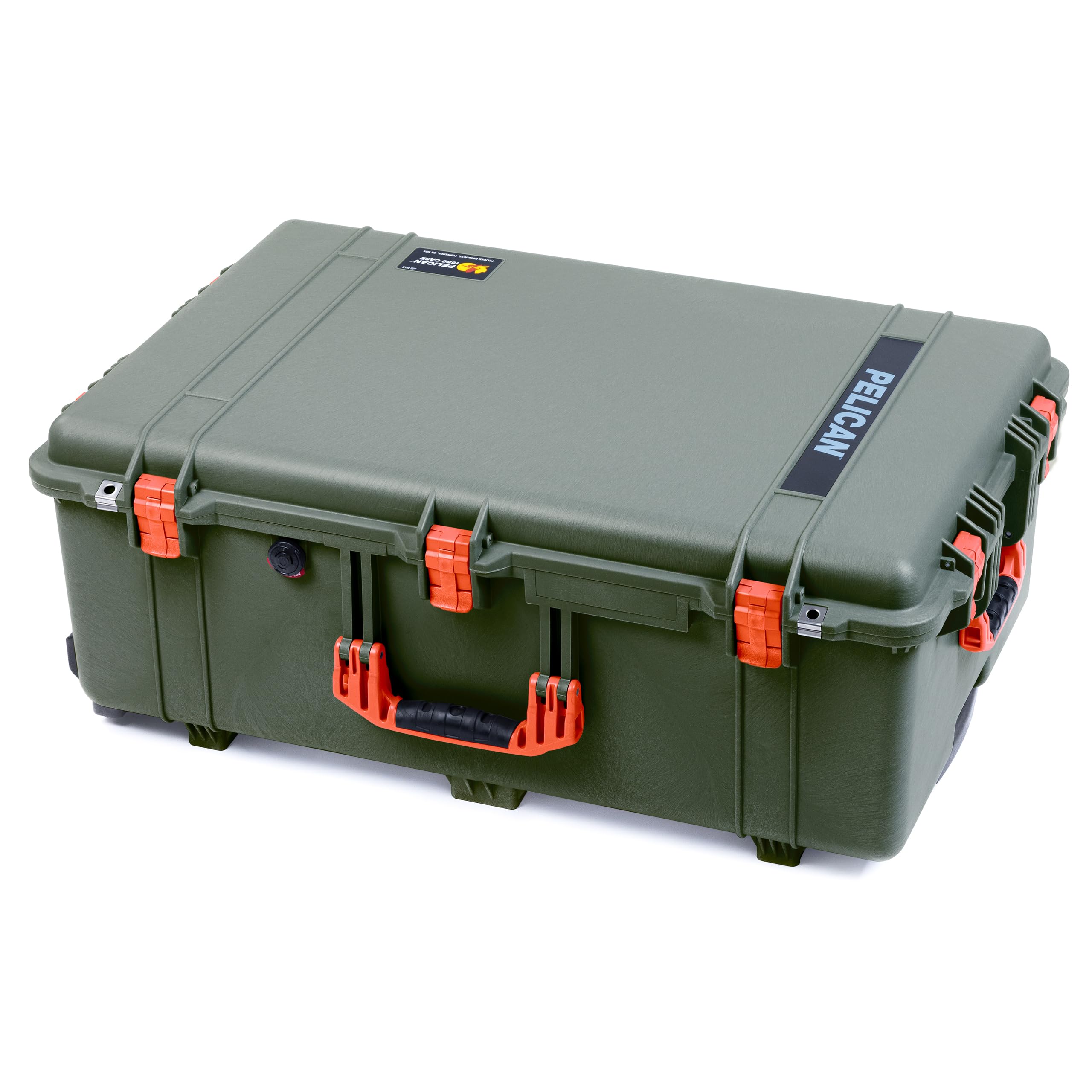 Pelican 1650 Case by ColorCase - OD Green - Large Sized Waterproof Case with Pick & Pluck Foam & Mesh Lid Organizer - Orange Handles & Latches