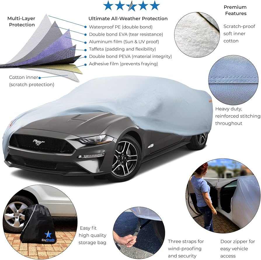 EzyShade 10-Layer Waterproof Sports Car Cover. See Vehicle Size-Chart for Accurate Fit. All Weather Outdoor Covers. Camaro Challenger Firebird GTO
