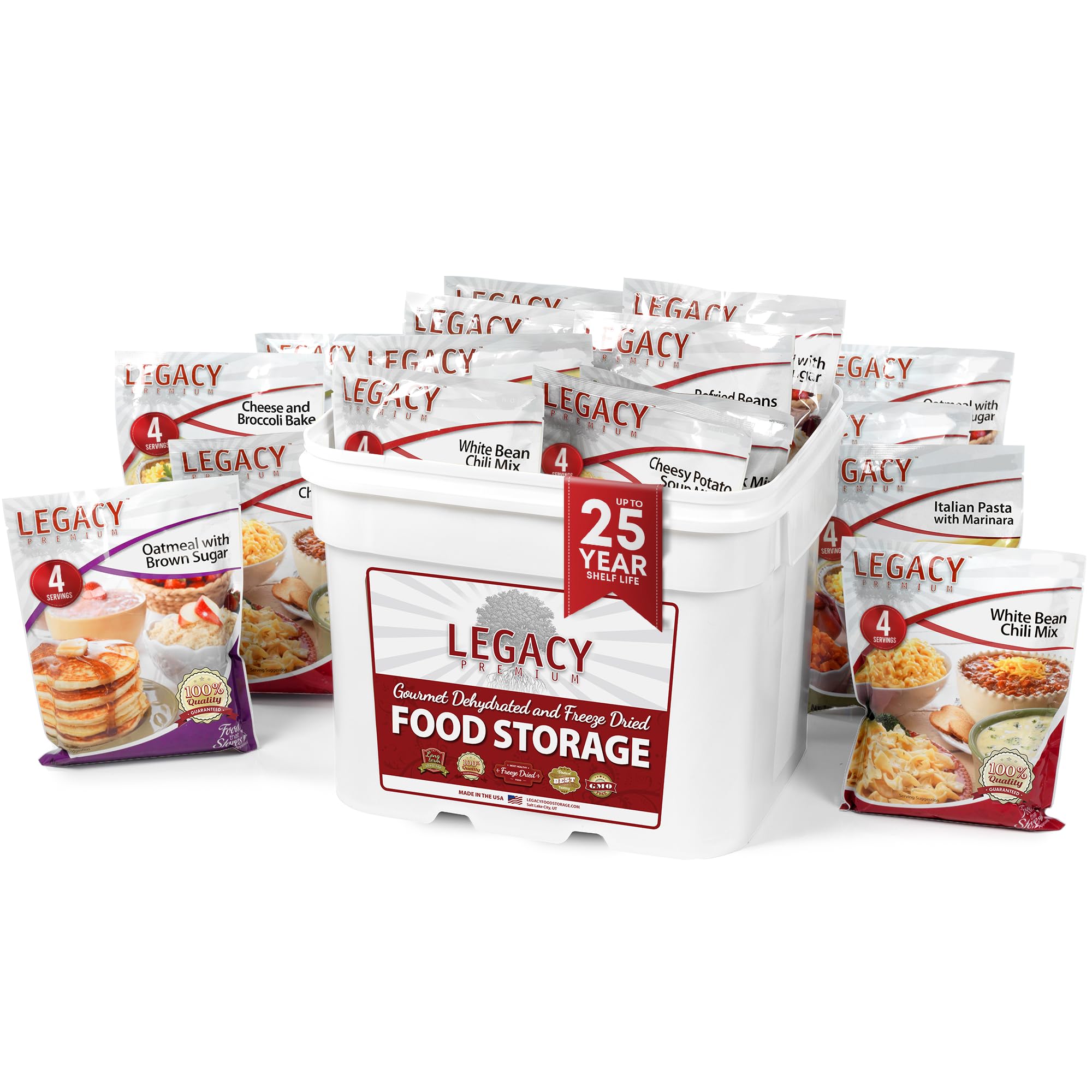 Legacy Food Storage 120 Serving Emergency Food Supply Bucket, 16 Entrees, 48,640 Total Calories, Shelf Stable Breakfast Lunch & Dinner, Freeze Dried Survival Meals for MRE Camping, Hiking, Prepping
