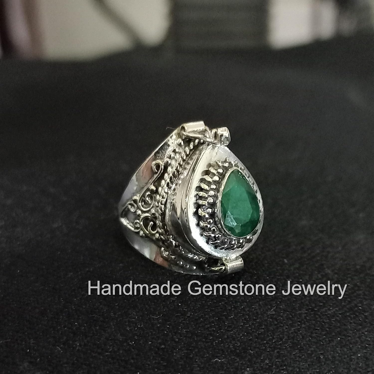 Emerald Ring, Poison Box Ring, Teardrop Stone, Openable, August Birthstone, Locket, Green Emerald ~ Gemstone, Designer, Handmade