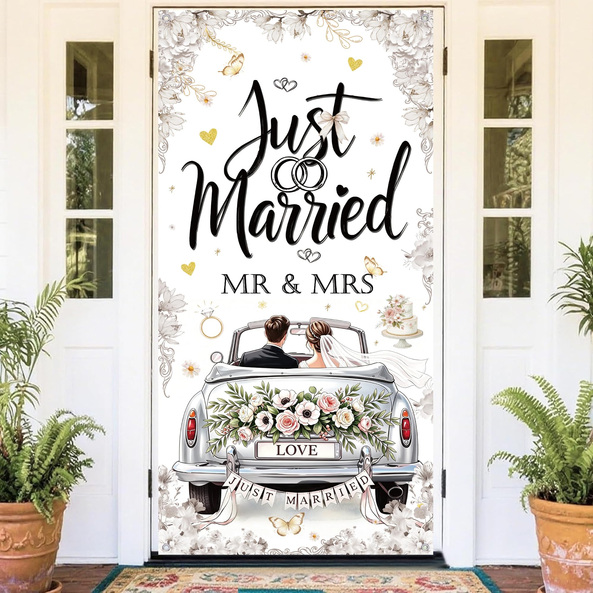Just Married Wedding Banner Decorations, Engaged Welcome Entrance Signs