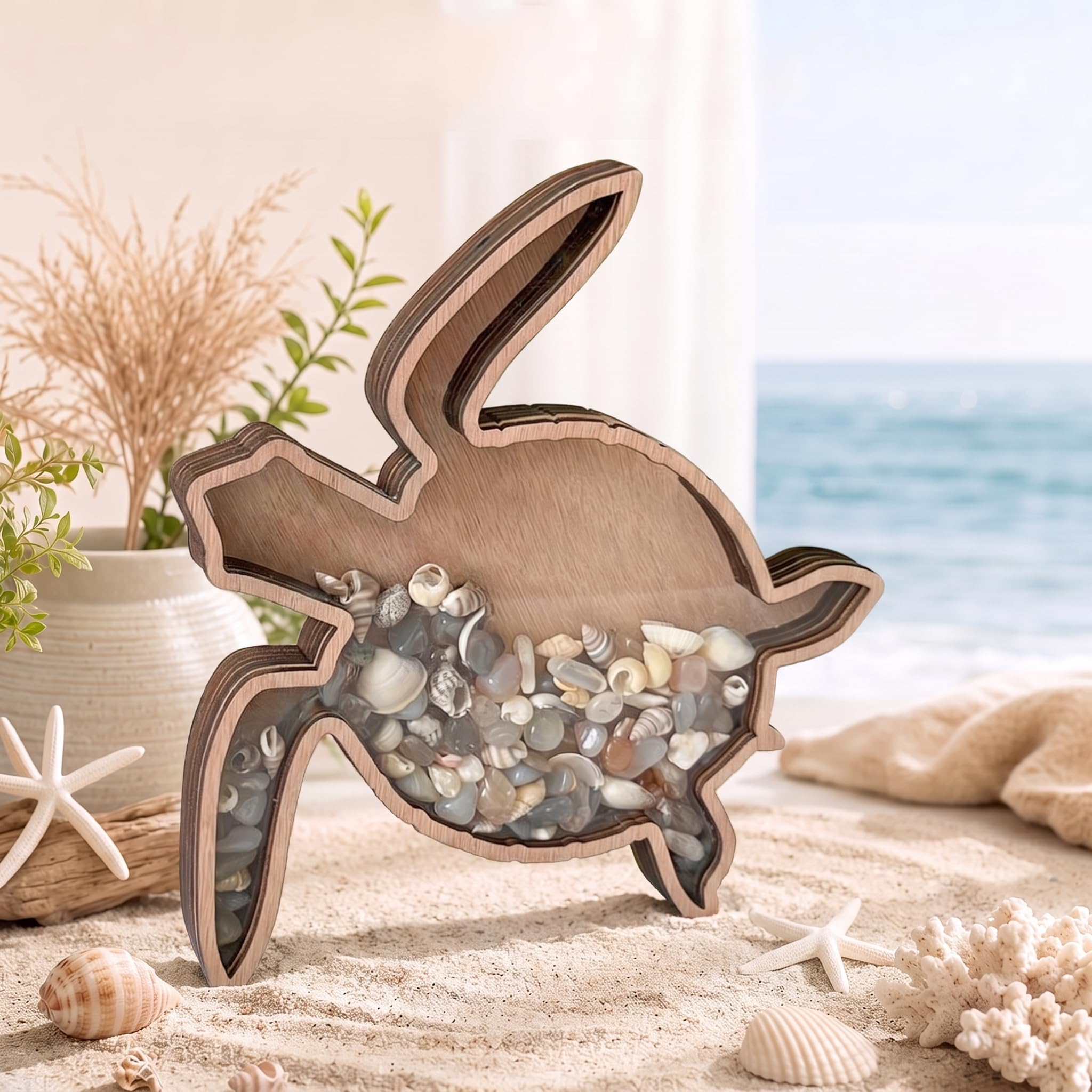 Wooden Turtle Shell Collection Box with Clear Acrylic Window,Beach Memory Stand Up Display Case Handcrafted Coastal Decor for Shells Sea Glass Small Starfish, House Keepsake Gift，Left
