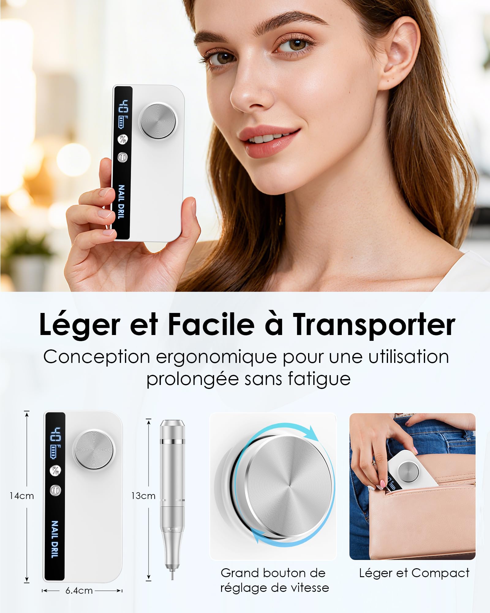 Heypappy Ponceuse Pour Ongles, Ponceuse Pour Ongles,Portable Réchargeable | 40000 RPM,16 En 1 Avec Écran LED, Kit De Manucure Pédicure Vitesse Réglable Pour Salon De Beauté & Maison