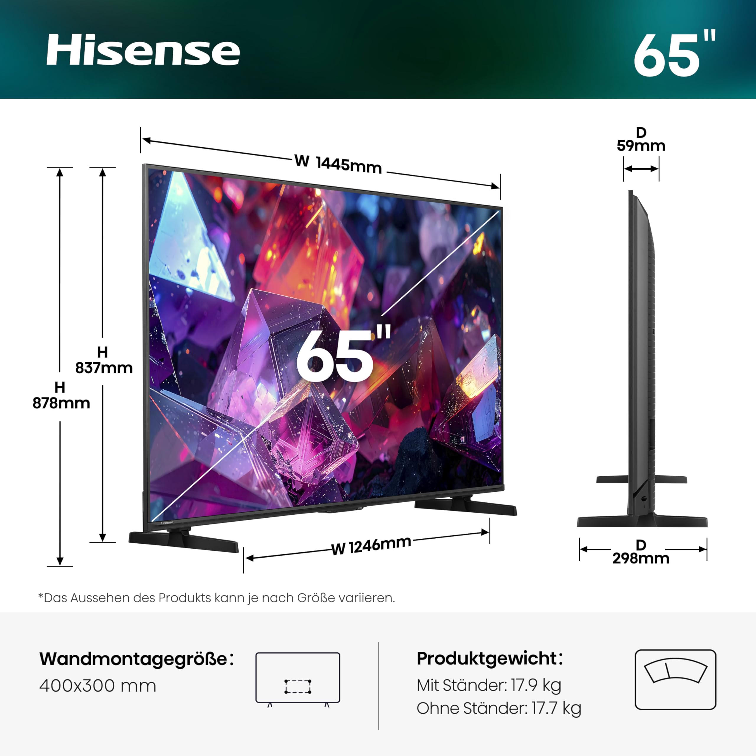 Hisense 65E7DS PRO Fernseher 65 Zoll, 4K UHD QLED, Smart TV, Hi-Concerto, 144Hz Game Mode, Hi-QLED Colour, Dolby Vision.Atmos, Filmmaker Mode, Dolby Audio, DTS Virtual: X, FreeSync Premium [2026]