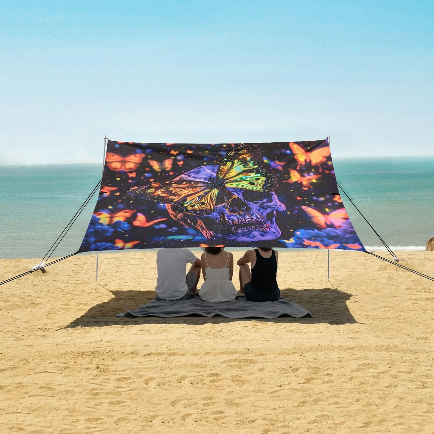 ALAZA Skull Betterflies Beach Tent Sun Shelter UPF50+ Protection Beach Shade Canopy w/ 4 Sandbags for Outdoor Camping, Fishing, Backyard Fun, Picnic, 10x9 ft