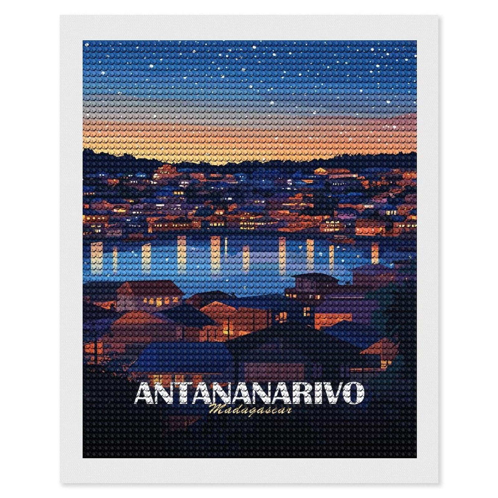 Junmoney Antananarivo, Madagascar at Night Round Drill Diamond Painting 16"x20", for Craft Lovers, Stress Relief Craft, Bedroom Decor, Festive Craft Gift