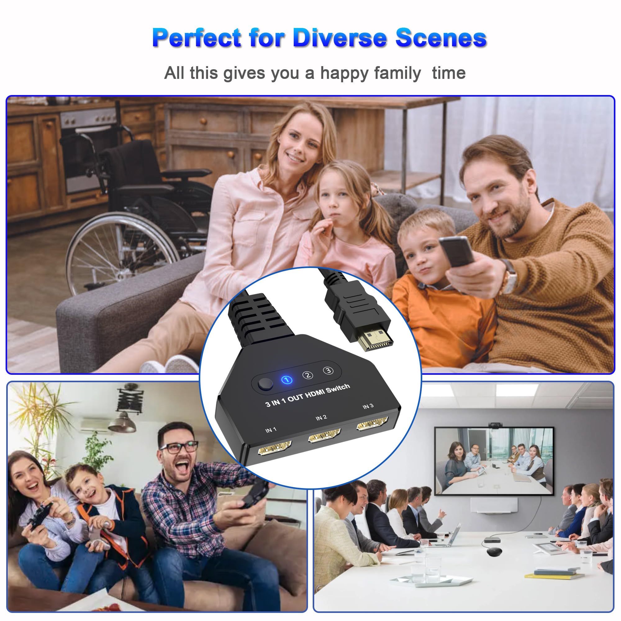 Conmutador HDMI 3 en 1, 4K a 30 Hz, 3 puertos, conmutador HDMI compatible con Full HD 1080P 3D, compatible con Roku Fire TV Stick HDTV PS4/PS5 Xbox One Chromecast, compatible con Mac/Win/Linux