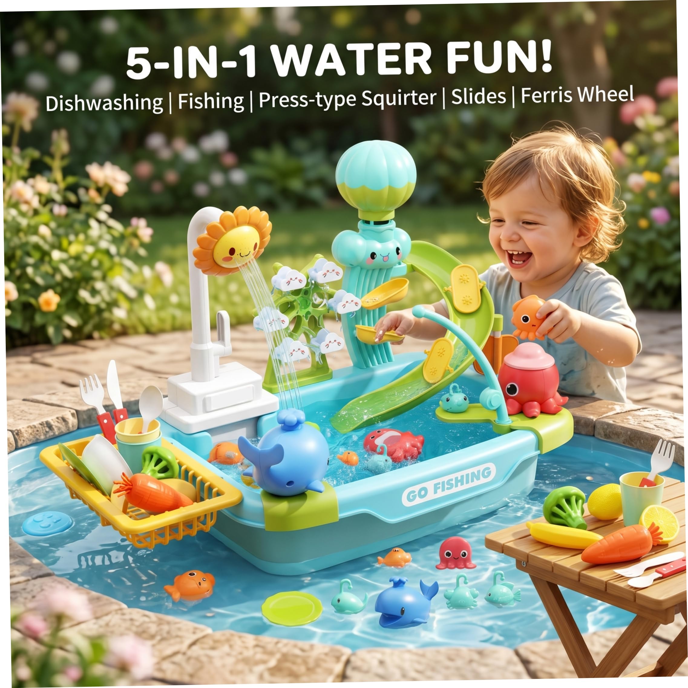 Kleinkind-Waschbecken mit fließendem Wasser, Kinderspielspielzeug-Set – multifunktionaler Wasserspieltisch mit automatischer Zirkulation, großes Fassungsvermögen für Indoor-Outdoor-Spaß, Oktopus