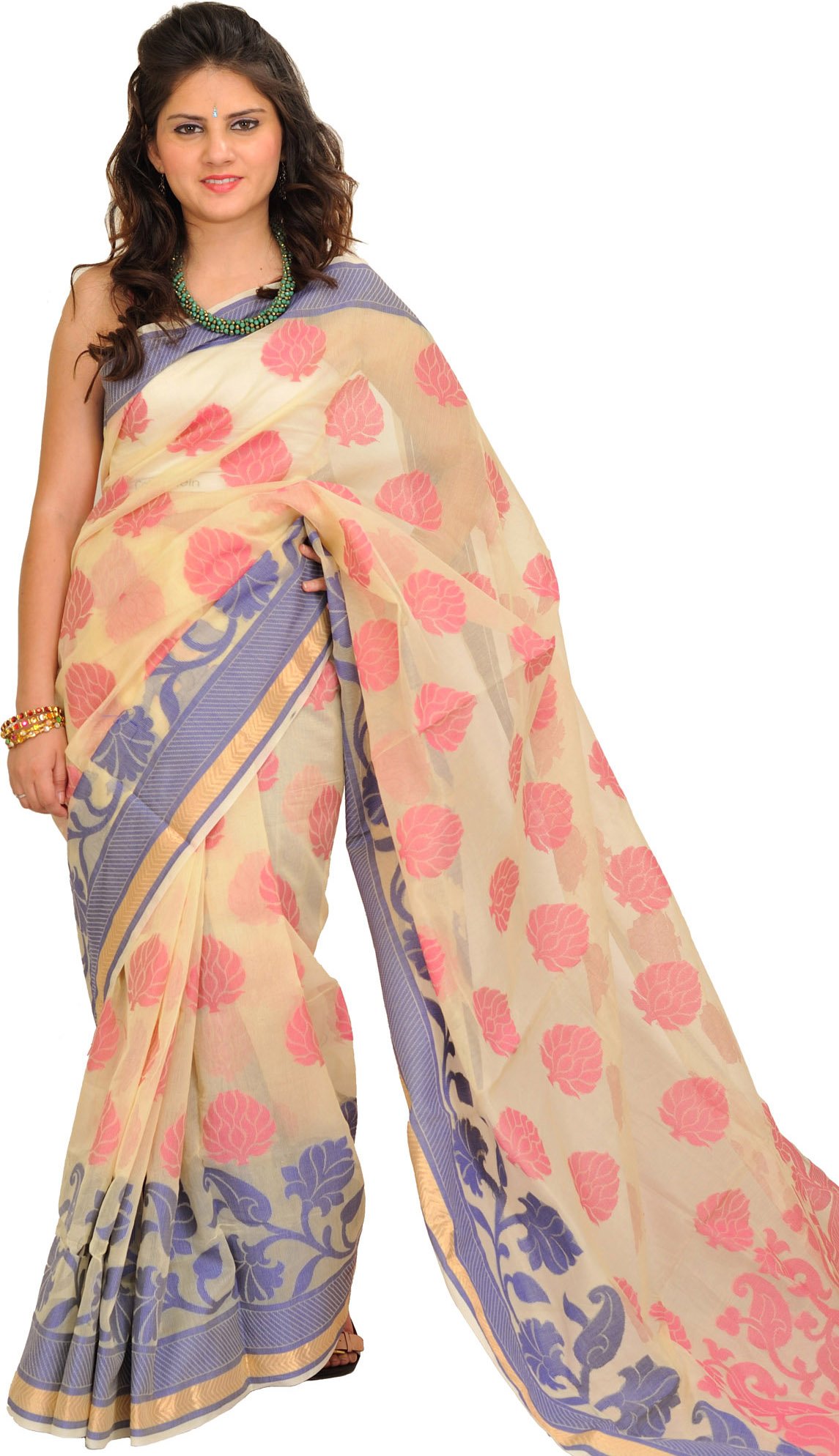 Exotic India Cream Banarasi Sari with Woven Large Bootis and Paisley - Off-White