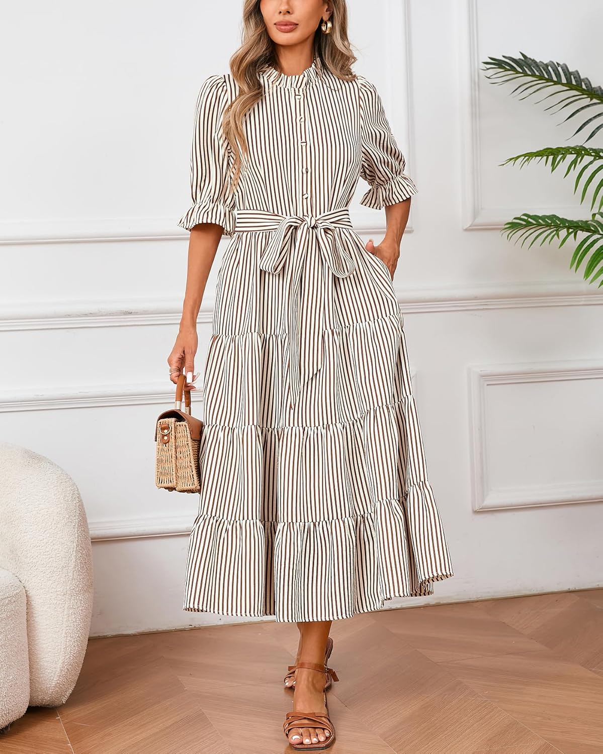 Women's Striped Stand Ruffle Collar Maxi Dress Half Sleeve Button Down Flowy Belted Beach Vacation Dress - Image 4